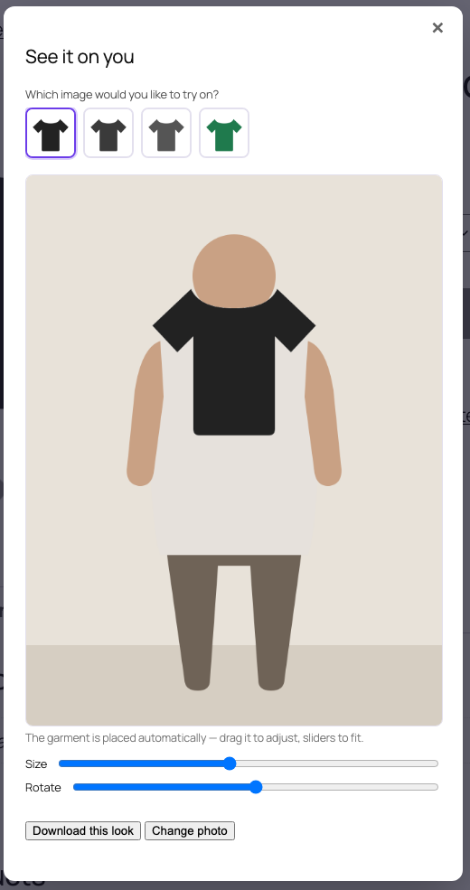The Wearlook fitting room showing a garment on a shopper's photo