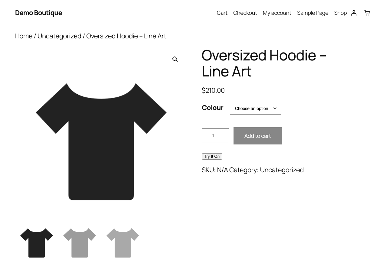 A WooCommerce product page with the Try It On button